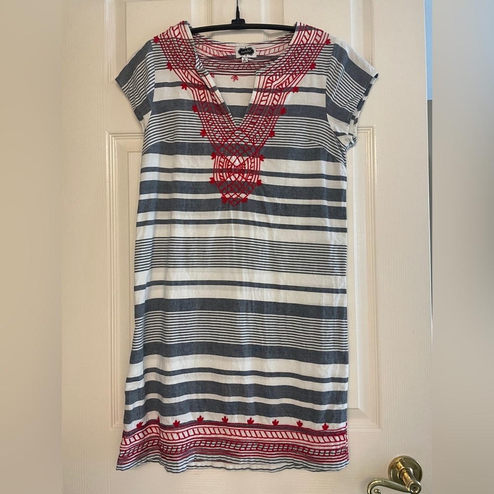 Mud Pie Patriotic Striped Embroidered Tunic Dress Red White Blue - Small